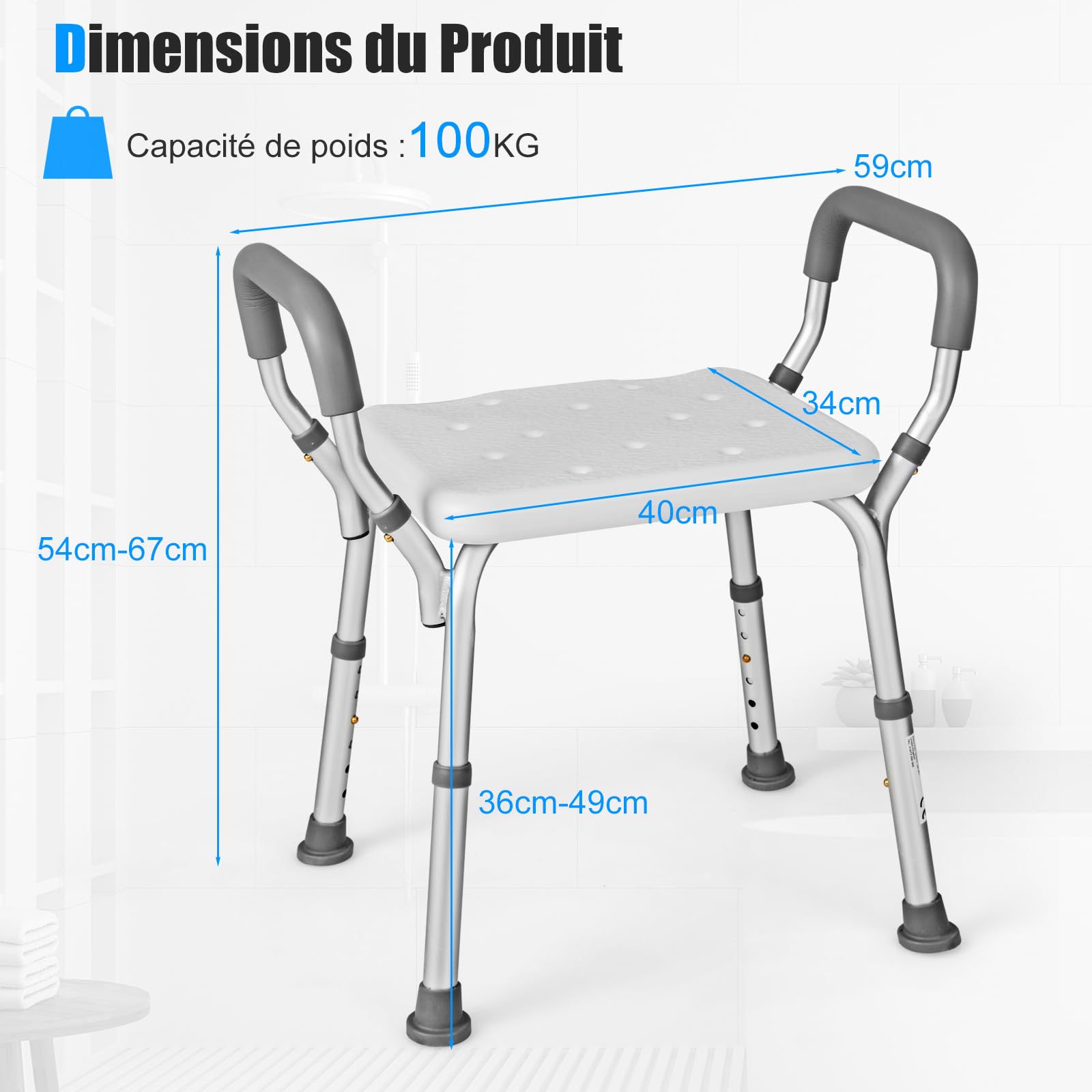 RELAX4LIFE Taburete de ducha antideslizante ajustable en altura 54-67 cm, silla de ducha de aluminio con reposabrazos, asiento de ducha para adultos para personas mayores discapacitadas embarazadas
