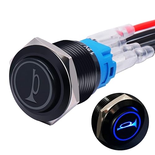 Miniatura 1 de Twidec16MM Raised Speaker Horn Momentary Push Button Switch 58" Mounting Hole 12V Blue Led Light Black Stainless Steel Shell 1NO 1NC SPDT with