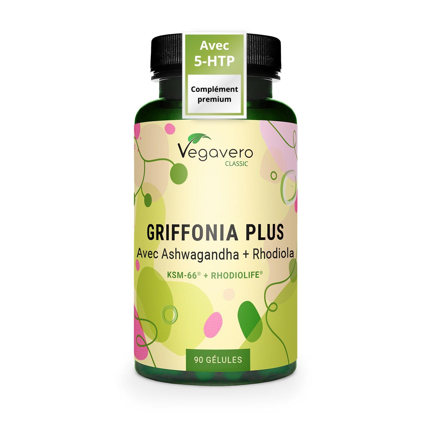Vegavero 5-HTP GRIFFONIA 250 mg | Avec Ashwagandha KSM-66® BIO et Rhodiola Rosea | Sommeil et Détente | Rhodiolife® | Vegan & SANS ADDITIFS | 90 Gélules (3 mois)