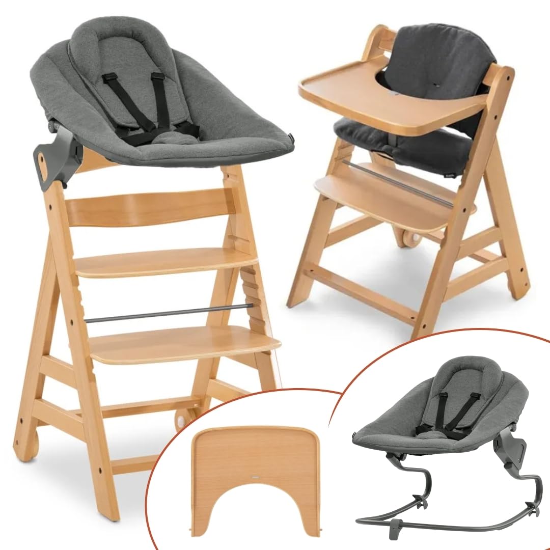 hauck Chaise Haute Bébé Evolutive en Bois Alpha Move Newborn Set avec Siège Nouveau-né Premium, Harnais 5 Points, dès Naissance, Roulettes, Coussin d'Assise et Tablette Repas - Naturel Gris Foncé