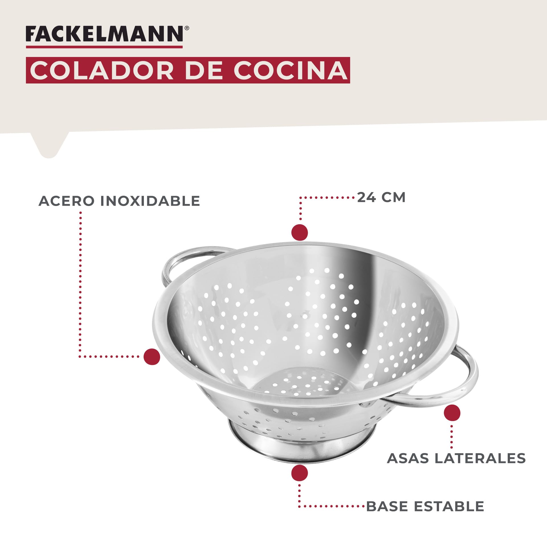 Fackelmann Colador de Cocina y Escurridor en Acero Inoxidable, Colador con Asas y Peana Estable, Idóneo para Escurrir Ensalada, Pasta, Arroz, Legumbres y Verduras, 24cm, 1 ud. — view 5