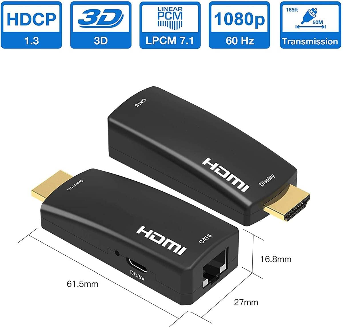 PremiumCord Rallonge HDMI vers câble Cat5e/6 50 m - Full HD 1080p - Connecteurs plaqués Or - Couleur : Noir