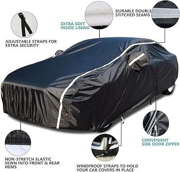Waterproof Car Cover for Automobiles All Weather - Coverado Outdoor Full Car Covers with Zipper Door, Cotton Backing Snowproof UV Protection Windproof, Universal Fit for Hatchback (160-172)