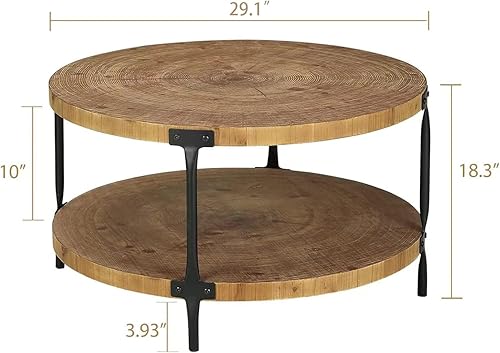 Miniatura 3 de Awescuti Mesa de centro redonda de madera bohemia  31.5 pulgadas, mesa de centro de madera natural de 2 niveles, muebles de sala de estar, color