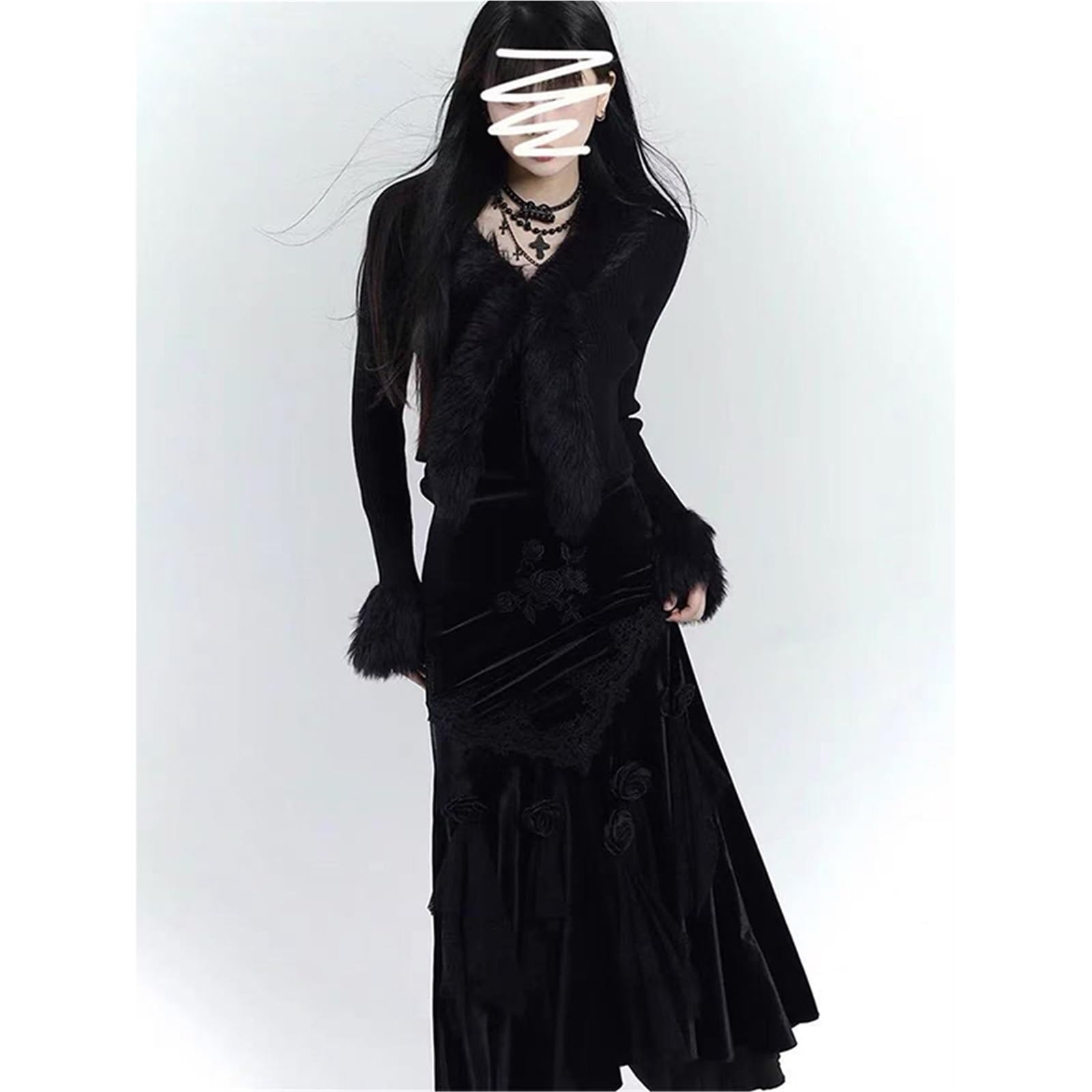 Gonna Longuette in Velluto Nero Vintage da Donna gonne a Sirena in Pizzo Floreale 3D Autunno Inverno Harajuku Gotico Slim Tromba gonne