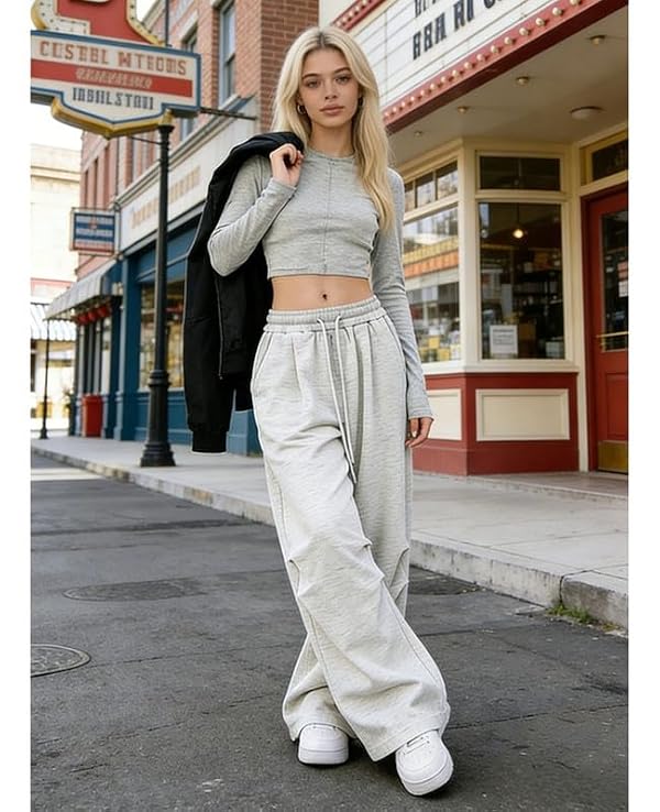 Chmnigma Wide Leg Sweatpants for Women Men Baggy Casual Drawstring Sweat Pants Trendy Athletic Grunge Clothes(Light Gray-L) by Chmnigma - Used condition - Image 2