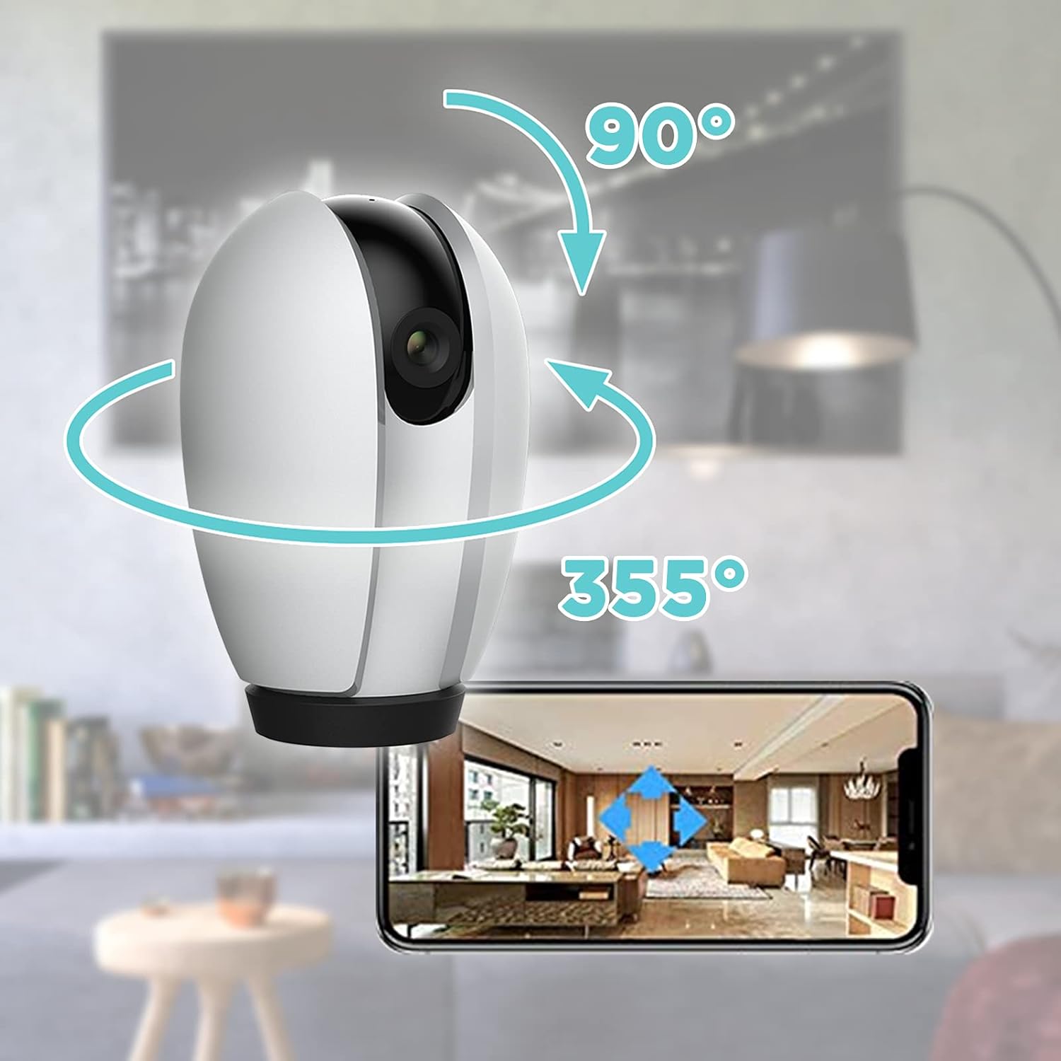 Kamera ya Homcloud inayoonyesha sufuria ya digrii 355 na kuinama kwa digrii 90 kwa kutumia programu mahiri view