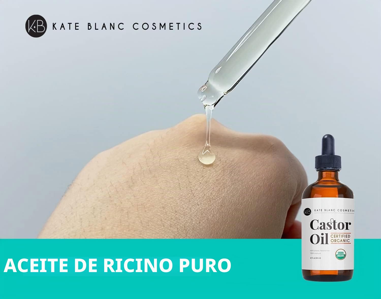 Kate Blanc Cosmetics Aceite de ricino orgánico (4 onzas), 100 % puro, prensado en frío, sin hexano. Aceite natural para cabello, pestañas, cejas. Hidratante de piel con kit de iniciación