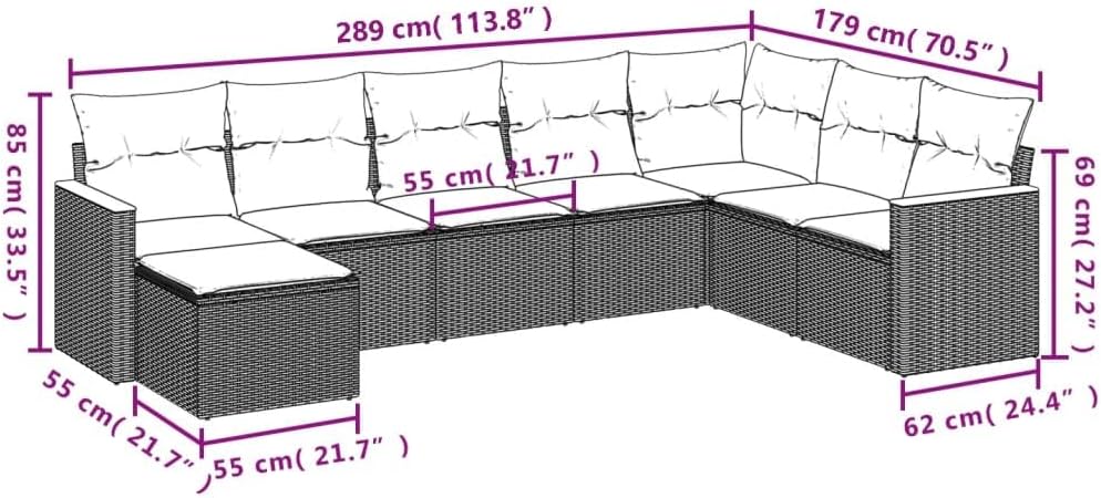 vidaXL Patio Sofa Set with Cushions - 8 Piece Black Poly Rattan Outdoor Furniture for Garden, Backyard, Terrace, and Patio - Modular Design with Removable Covers