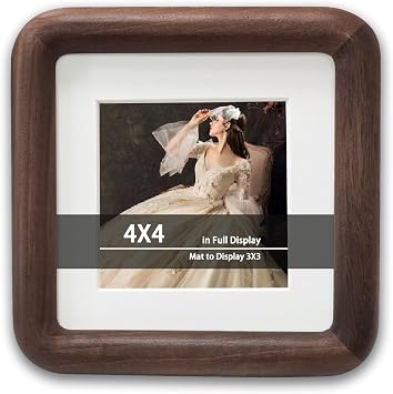 4x4 Picture Frame with Mat to 3x3, Natural Dark Walnut Wooden Handcrafted Frame Rounded Corner with Real Glass, Vertical or Horizontal Display for Photo Wall & Tabletop