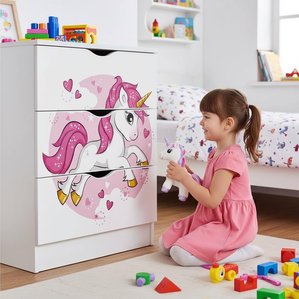 Leomark Weiß Kommode mit 3 Schubladen - Roma - Möbel für Kinderzimmer aus Holz, Schlafzimmer-Möbel (Pink Unicorn)