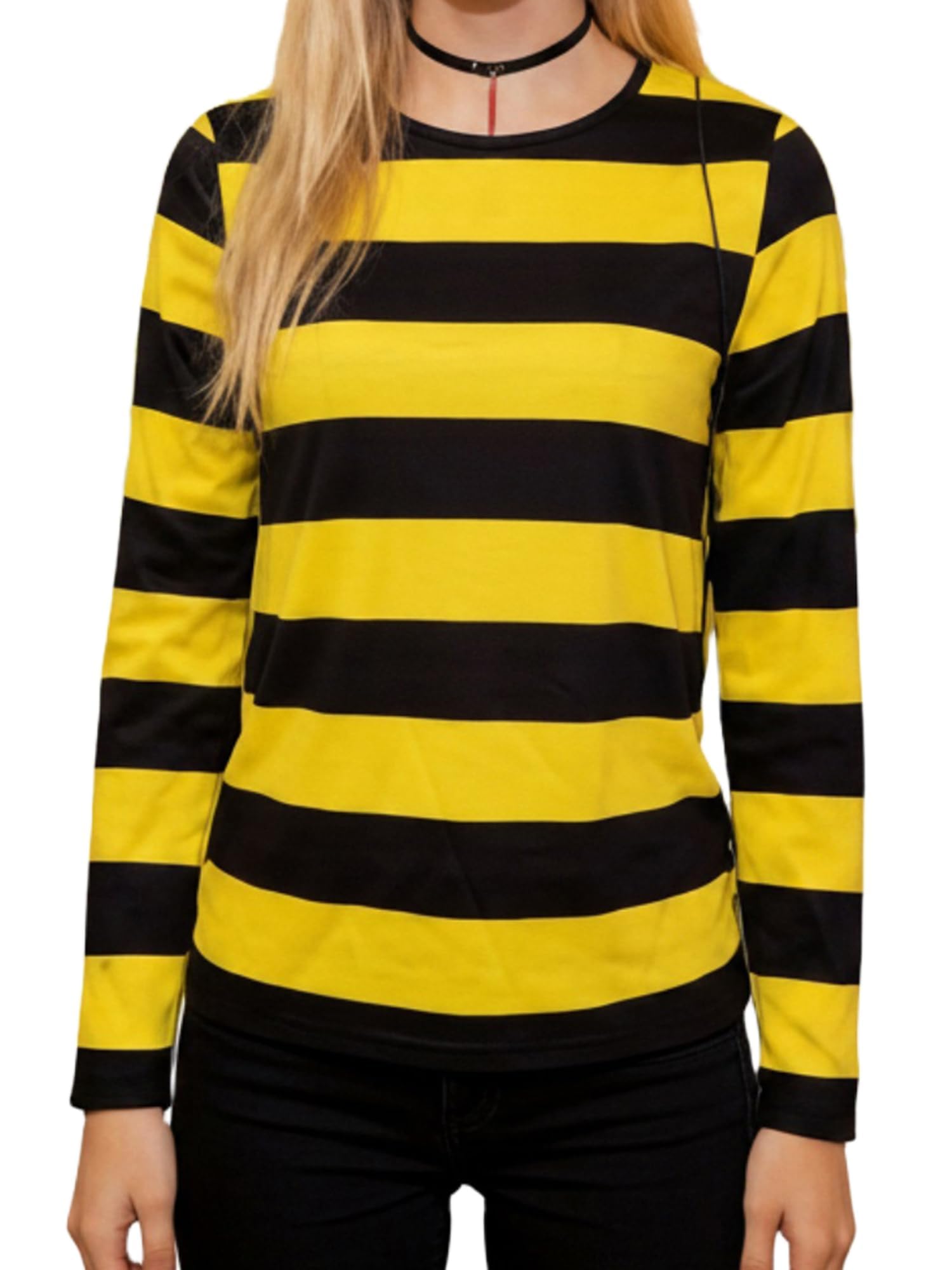 Women Bumble Bee Stripe Long Sleeve Tee Halloween Cosplay Costume T-Shirt (Black, M)