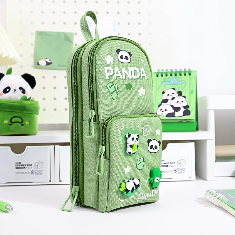 Image of Invite Enterprise Three Layer School Bag-Shaped Pencil Pouch, Large-Capacity Pencil Pouch with Zipper, Multipurpose Pen & Pencil Case for School Supplies for Boys & Girls (Panda - Green)