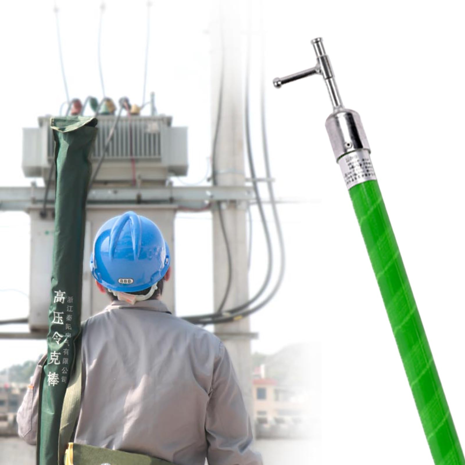 Regulowane zielone pręty izolacyjne wysokiego napięcia 10 kV – 2 do 6 m, elektryczny słup roboczy, 4-częściowe narzędzie przedłużające z gumową wtyczką końcową (4 m) do prac elektrycznych