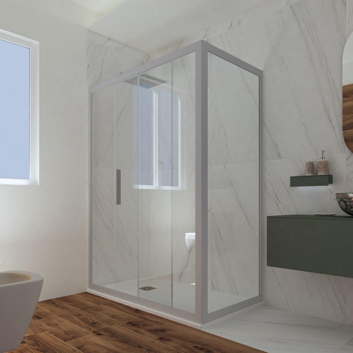 Mampara de ducha corredera 70x170 CM de PVC Plata H 200 Vidrio Transparente mod. Deco Duo