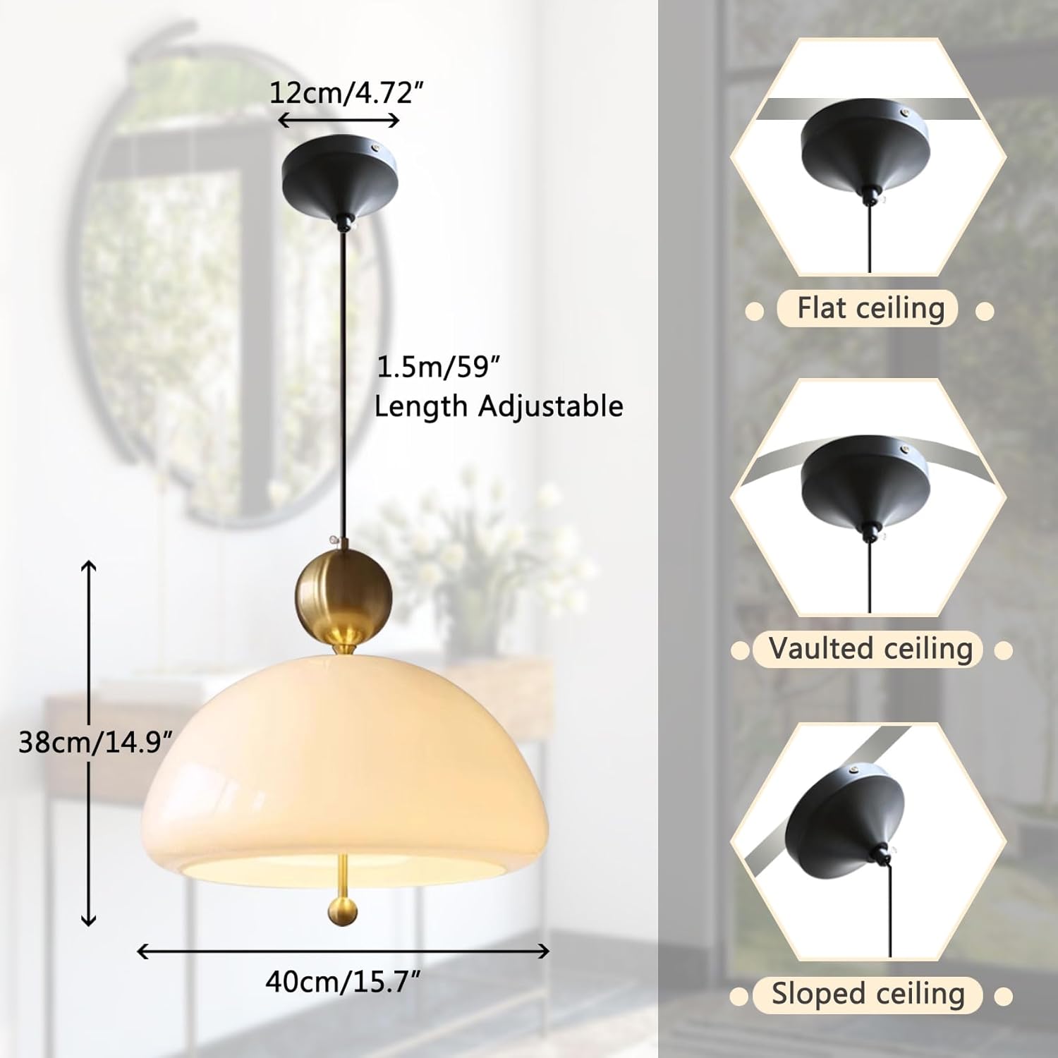 Milk Glass Pendant Light Modern Pendant Lighting 1-Light Nordic Hanging Light Schoolhouse 15.7" White Glass Shade Mid Century Hanging Pendant Lighting for Dining Room Kitchen Island Farmhouse