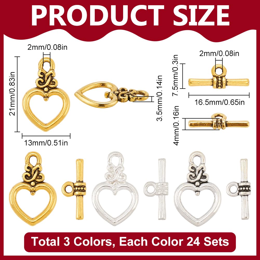 SUNNYCLUE 1 Box 3 Colors 72 sets Heart Toggle Clasp Toggle Jewellery Clasps Alloy Antique Golden Silver Bar And Ring t-Bar Clasp Connector for Jewellery Making Diy Necklace Brcalet Women Accessories - Image 2