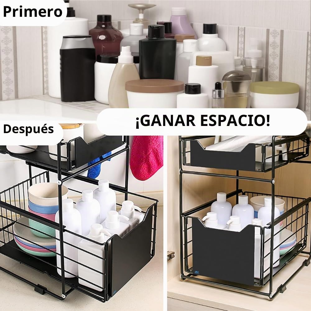 S.I.C Organizador Debajo del Fregadero,con cestas deslizantes extraíbles,para de armarios, encimeras, escritorios, para casa, Oficina, baño, Cocina, Habitaciones (Negro)
