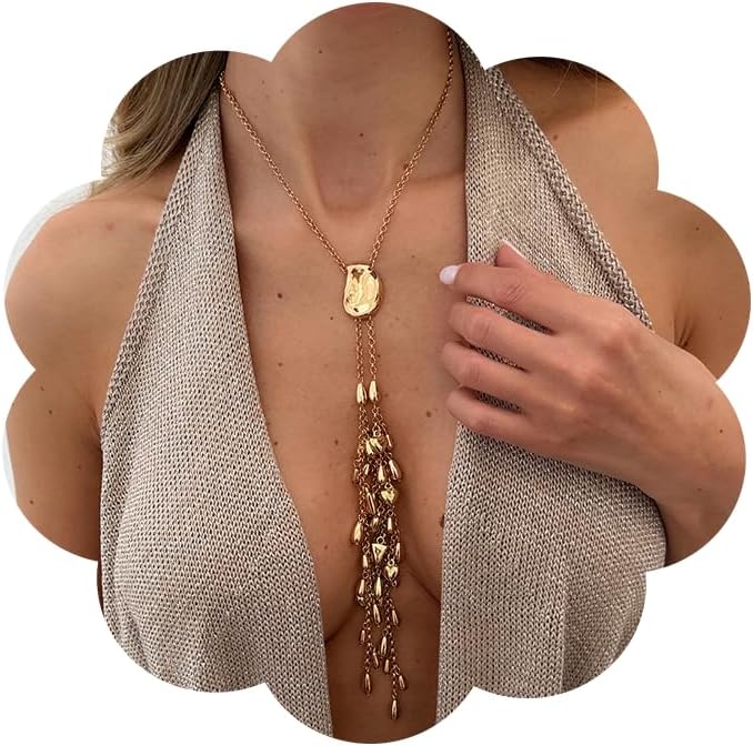 Chunky Tassel Y-Necklaces for Women Long Gold Silver Chain Statement Pendant Necklace Trendy Sexy Prom Party Beach Holiday Present Jewelry