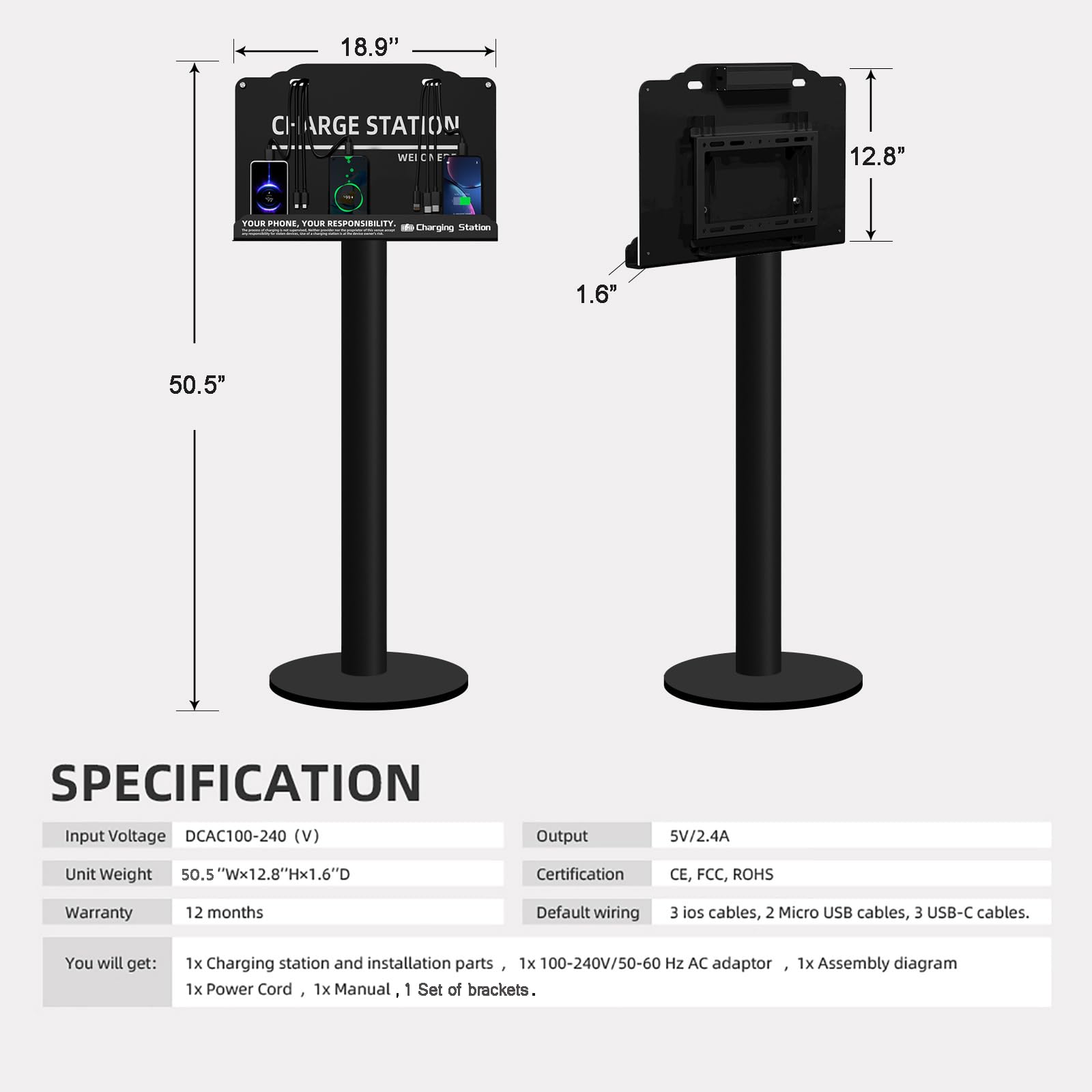 Stazione di ricarica per telefono cellulare | 8 dispositivi a ricarica rapida | Compatibile con tablet Apple e porta Android | Ideale per uffici, hotel, ospedali, aeroporti