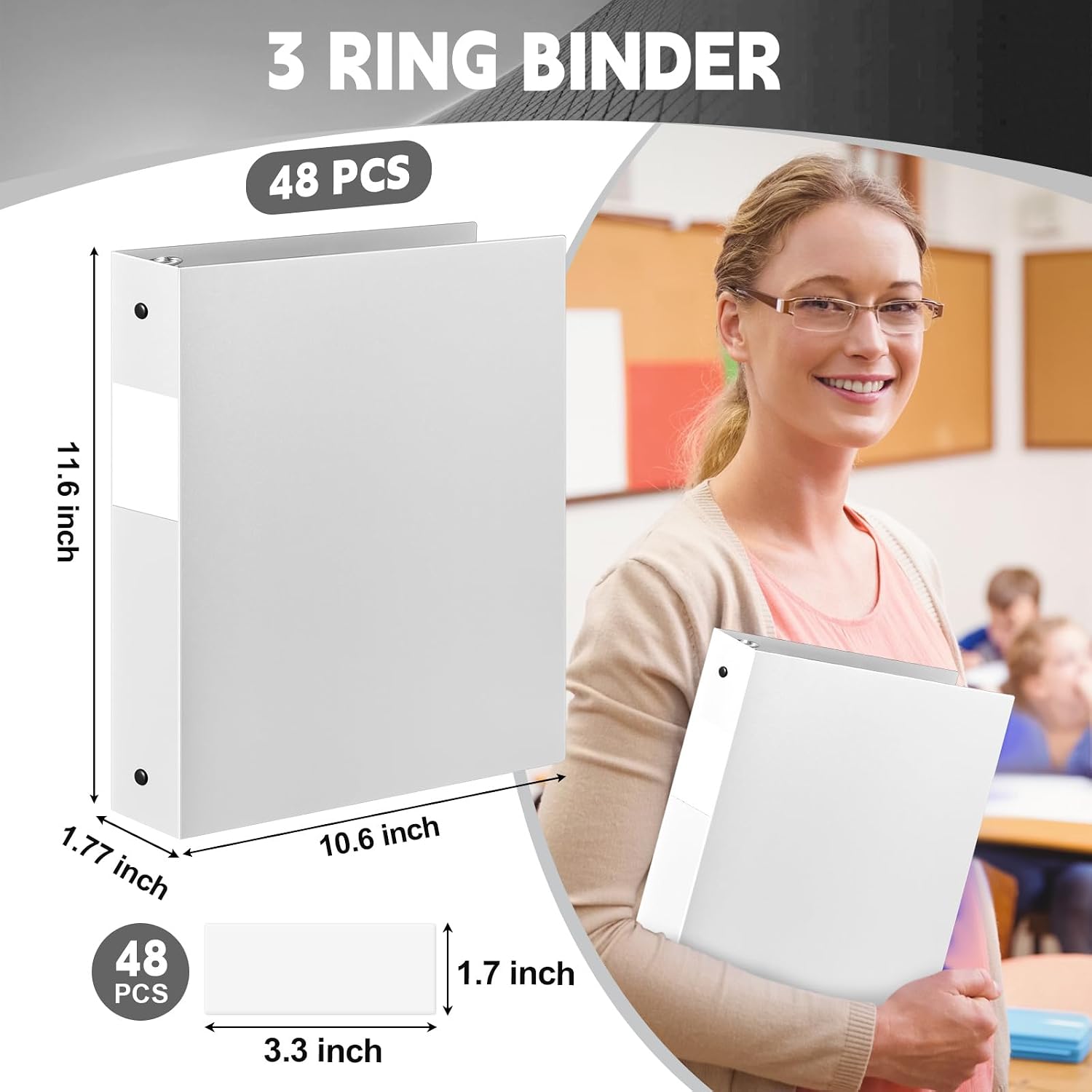 Henoyso 48 Pcs White 1.5 Inch 3 Ring Plastic Binder Bulk, 1 1/2 Inch Soft Flexible Binders Three Round Rings Fit 8.5x11 Papers for School Office Home File Organization Supplies