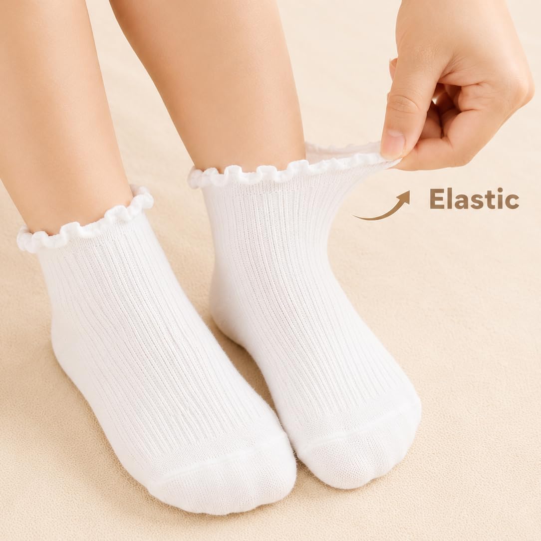 5 Pairs Toddler Ruffle Socks for Girls Cute Soft Crew Sock for Kids 3-5 Y