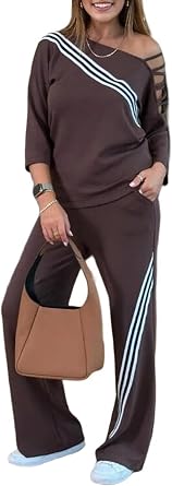 Womens Ribbed Tracksuit Set Long Sleeve Round Neck Top with Wide Leg Athletic Pants Outfit Dark Brown L