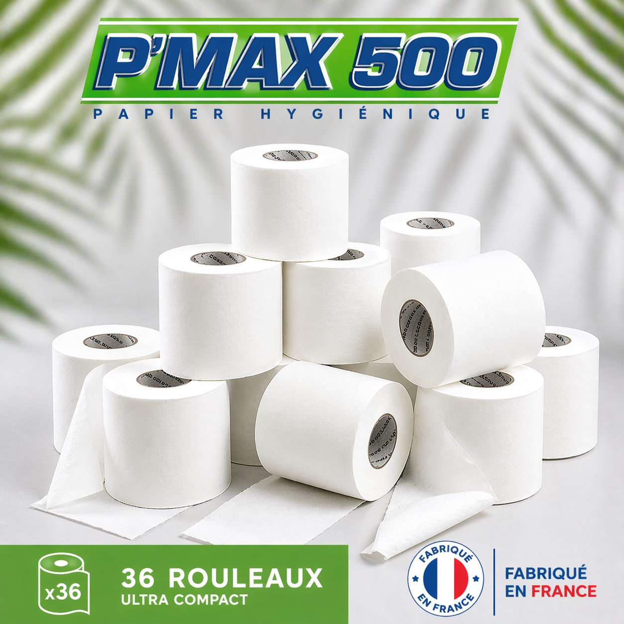 36 Rouleaux = 108 Rouleaux Traditionnels Papier Toilette, P'Max 500, 100% Ouate de Cellulose Blanche, Ultra Compact, 2 Plis, 500 Feuilles,
