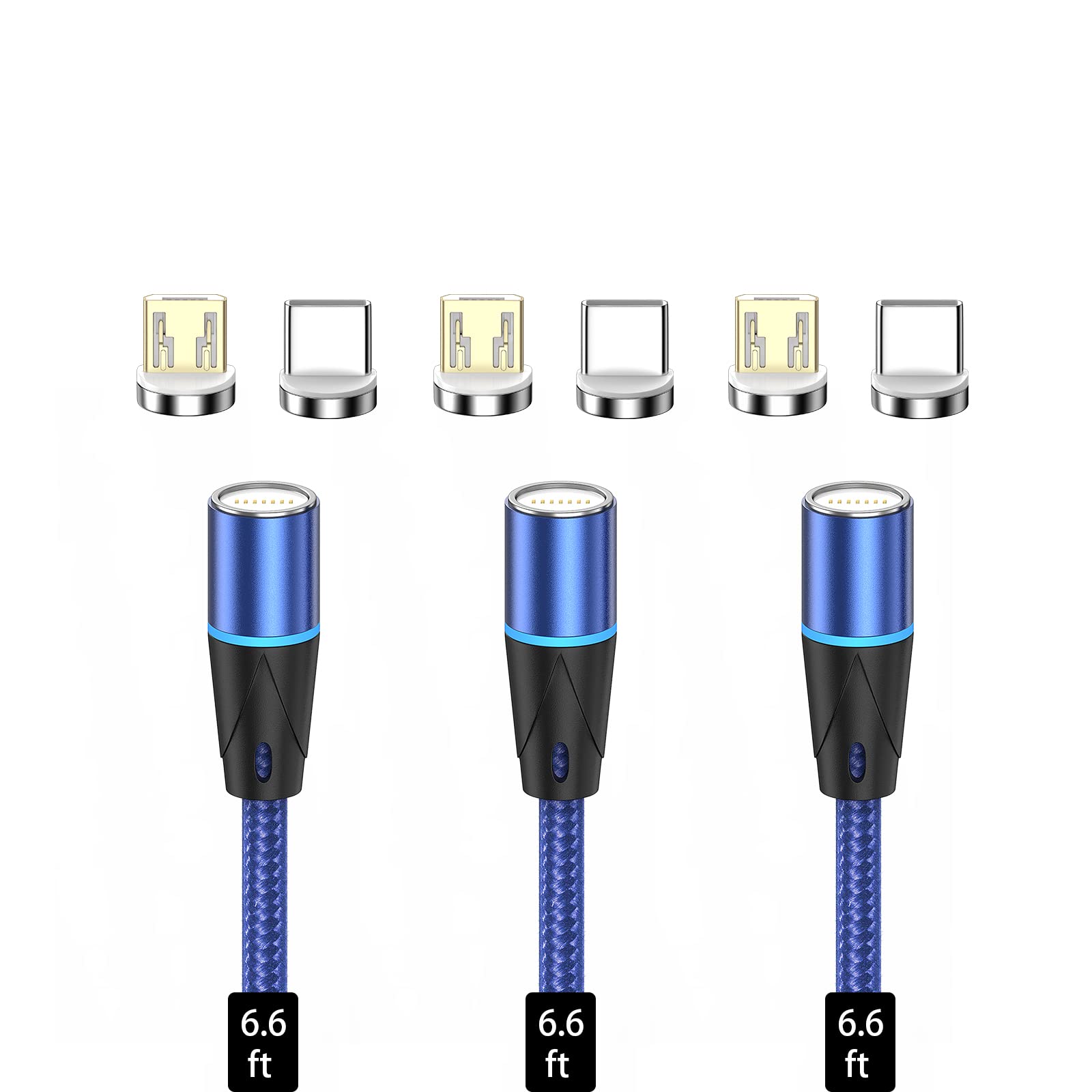 NetDot 12th Generation Magnetic Charging Cable, [2 m/3 Pack Blue] Quick Charge and Data Transfer for Micro USB/USB-C Smartphones Sumsung, Sony, Google and More