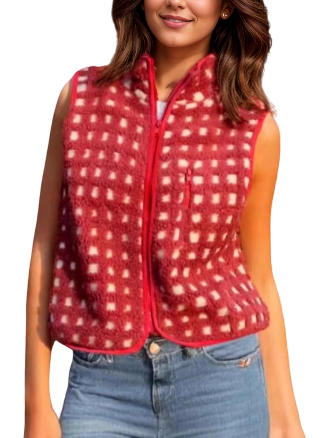 Cocoinsity Womens Fuzzy Fleece Vest with Side Pockets Checkered Sleeveless Zip Up Sherpa Vests Jacket Lightweight Sweater