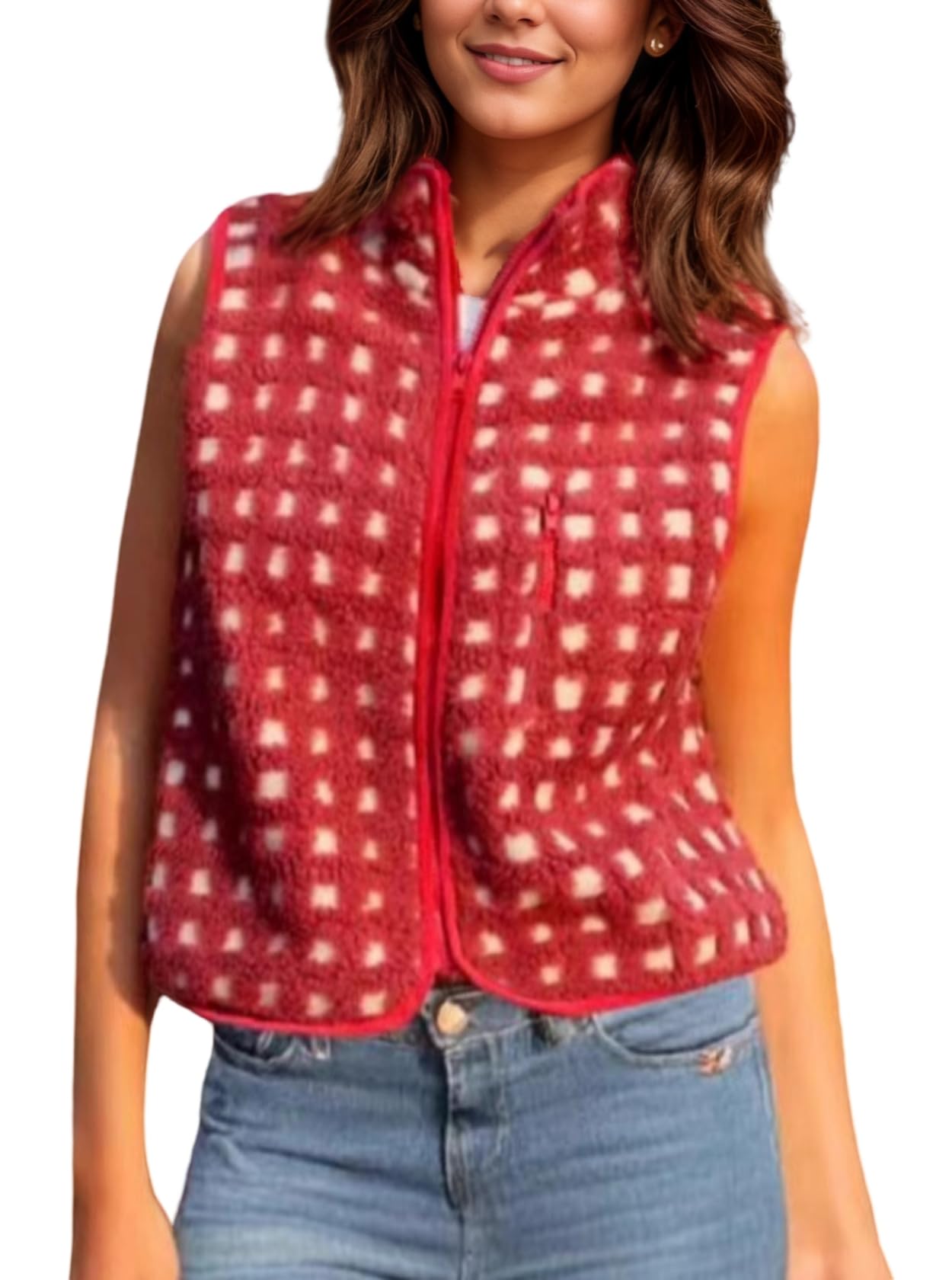 Cocoinsity Womens Fuzzy Fleece Vest with Side Pockets Checkered Sleeveless Zip Up Sherpa Vests Jacket Lightweight Sweater