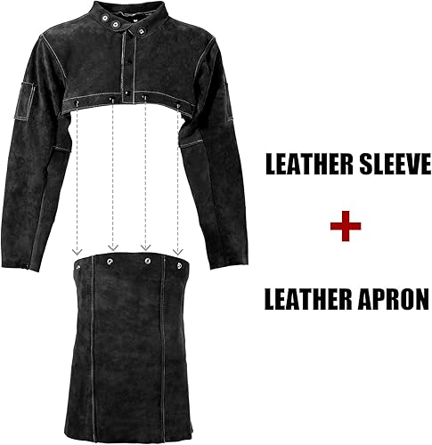 Miniatura 9 de LeaSeek Chaqueta de soldadura de cuero, delantal de soldadura resistente con manga, abrigo de soldadura de piel de vaca resistente al calor para