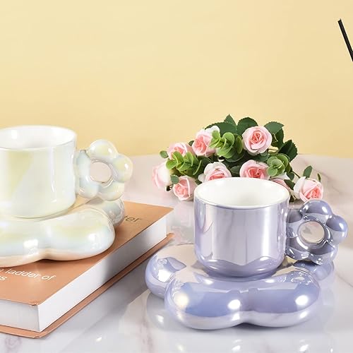 Miniatura 3 de Koythin Taza de café de cerámica, bonita taza creativa con platillo de flores, taza de café novedosa con cómodo agarre de flores para oficina y