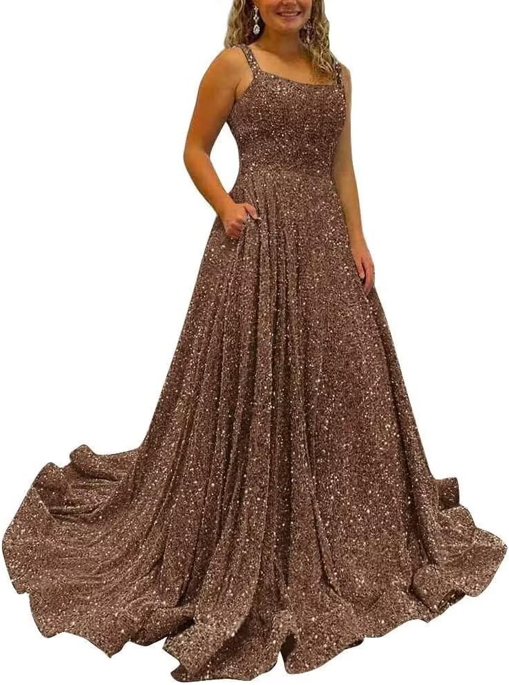 Women's Square Neck Sequins Prom Dresses for Women Spaghetti Straps Formal Party Gowns