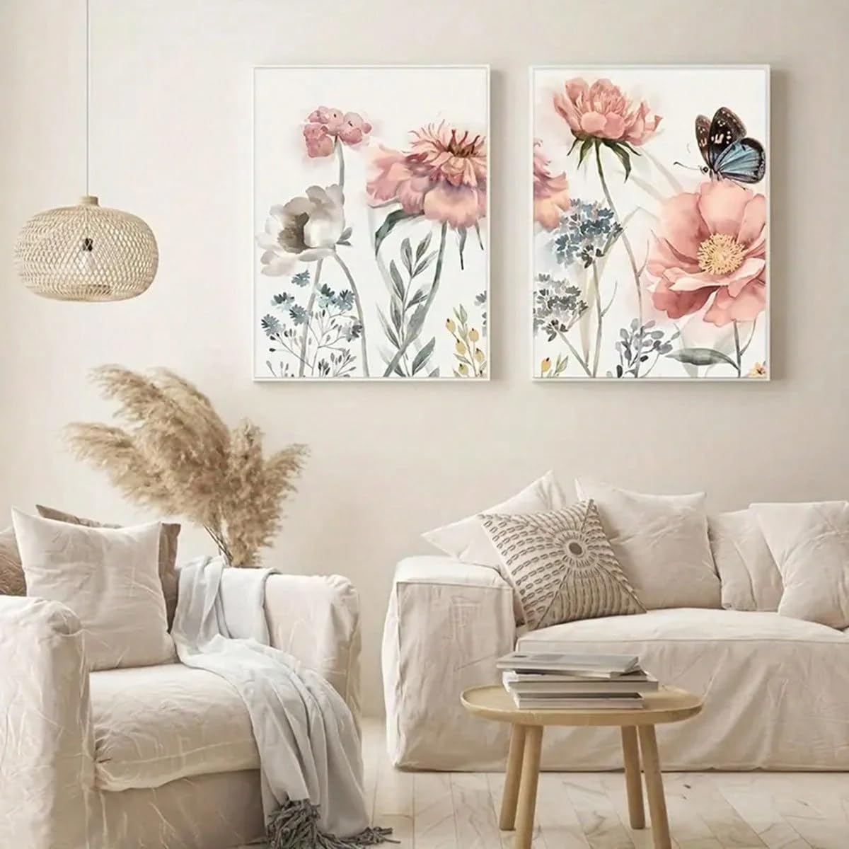 TZKBDMA Quadri su tela con fiori rosa e farfalle per decorare cucina, soggiorno e camera da letto - Poster in stile inchiostro per soggiorno (70x100cmx3/Senza cornice)
