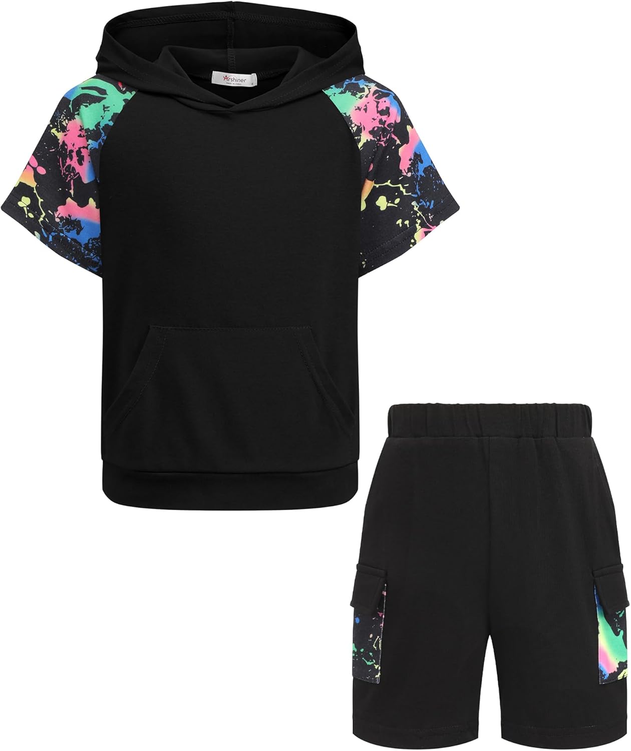 Arshiner Boys 2 Piece Summer Outfits Letter Graphic Colorblock Short Sleeve Hoodie and Short Sets with Pockets 5-12 Years