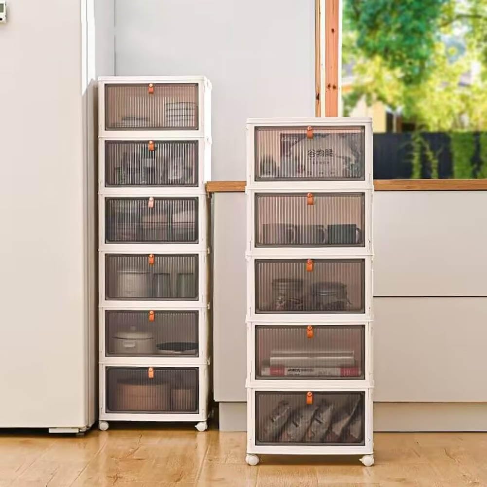 Boîte de rangement pliante en plastique avec casier de porte, transparent, avec couvercle et roulettes (deuxième étage)