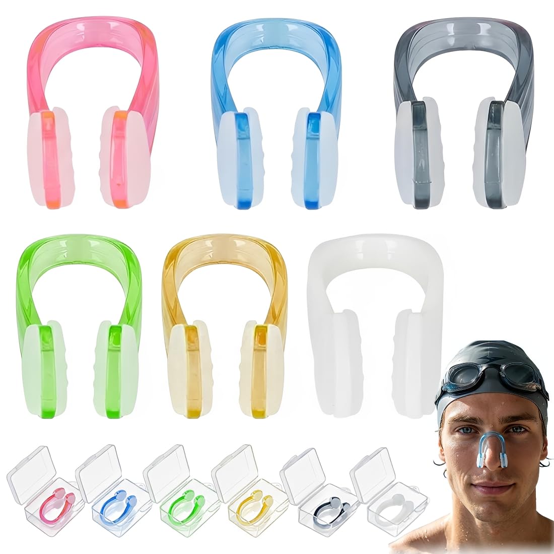 Pinzas nasales de silicona reutilizables para natación y buceo, 6 unidades con caja de almacenamiento