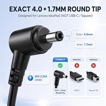 45W Laptop Charger for Lenovo IdeaPad Series 20V 2.25A 4.0x1.7mm Round Tip