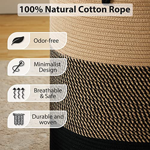 Fiona's Magic Woven Laundry Hamper, Tall Cotton Rope Laundry Basket, Large Boho Storage Basket For Blankets, Toys And Clothes Hamper For Bedroom And Living Room Organizing, Jute, 58L, Brown & Black #TOP3