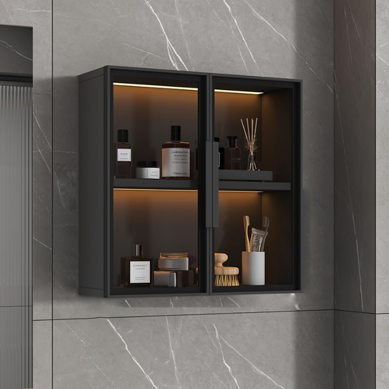 Armoire de rangement murale en bois massif et alu avec portes vitrées