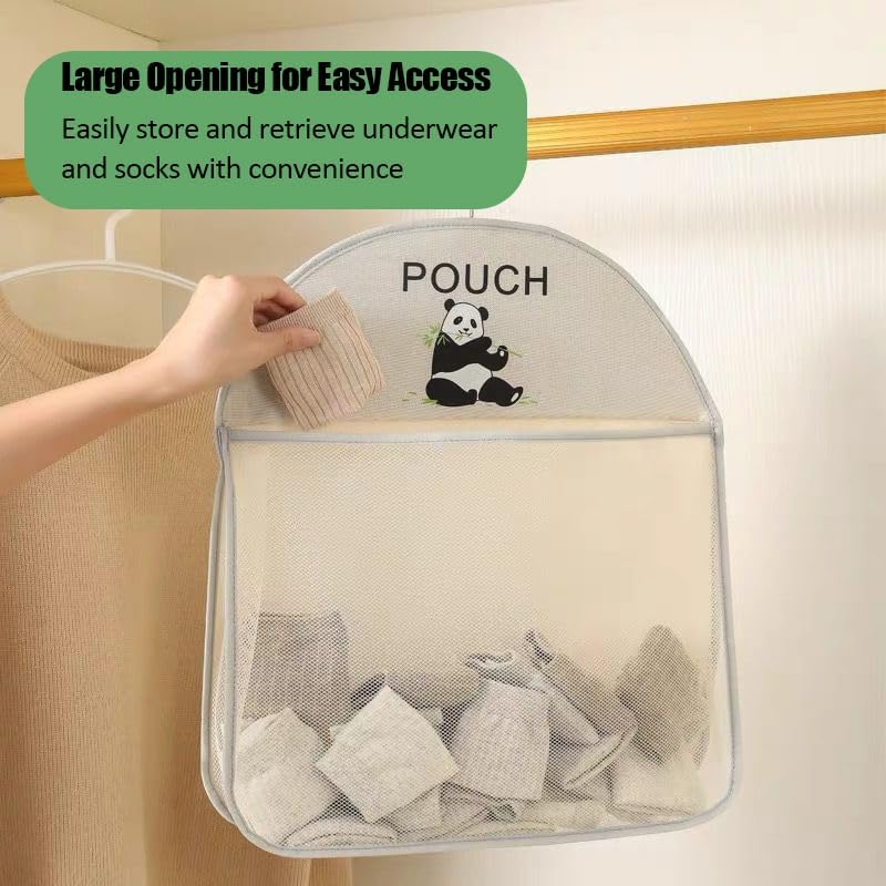 Hanging Mesh Storage Bag with Panda Design – 3 Tier Foldable Organizer for Closet, Underwear, Socks, Towels & Small Items – Breathable Washable Hanging Pouch with Hook