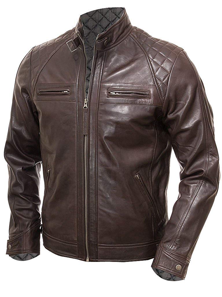 Shazmeen Mens Genuine Leather Biker Jacket Vintage Cafe Racer Motorcycle Jacket Men Real Lambskin Leather Jacket Mens