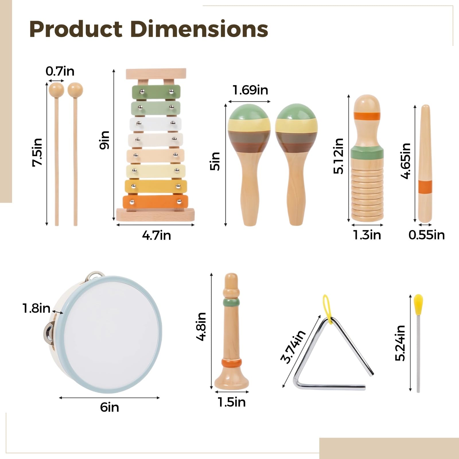 6-teiliges Holz-Percussioninstrumente-Set für Kleinkinder 1-3 Jahre, Xylophon, Guiro, Sandhammer, Horn, Tamburin, Triangel, Orff-Musikinstrumente für frühes Musizieren