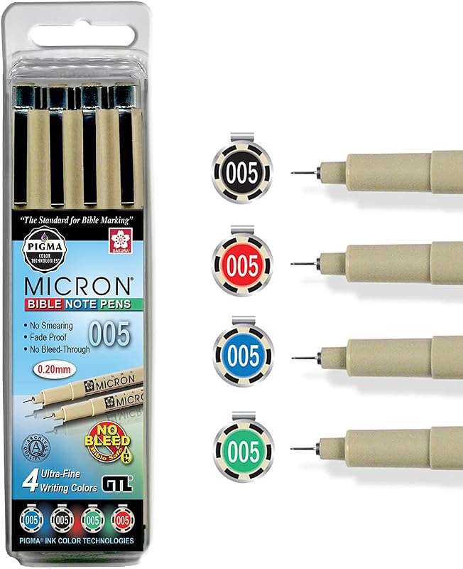 G.T. Luscombe Company, Inc. Pigma Micron 005 Ultra Fine Point Bible Note Pen Kit | No Bleed Pigmented Ink | Bible Safe | No Smearing or Fading | Black, Blue, Green, Red (Set of 4) | New Packaging |