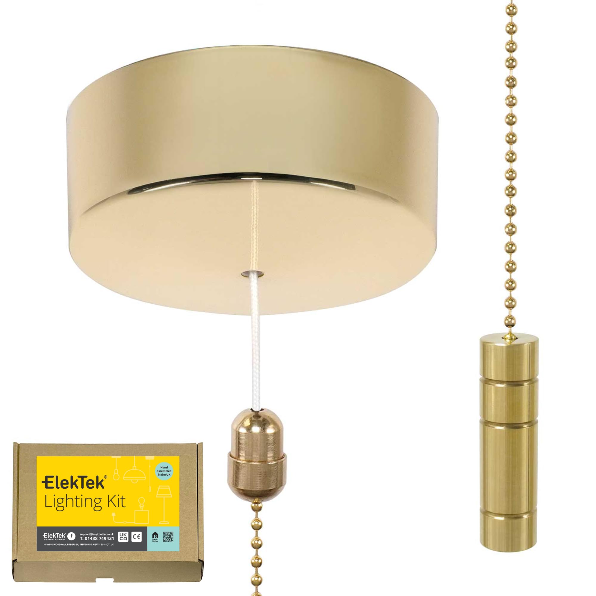 ElekTek UK Safety Approved Polished Brass Bathroom Light Pull Switch Kit, Brass Cylinder Fob + Brass Chain, EN 60669-1 & CE Mark, Earth Terminal, 6A 250V, 1 or 2 Way, Full Wiring Instructions