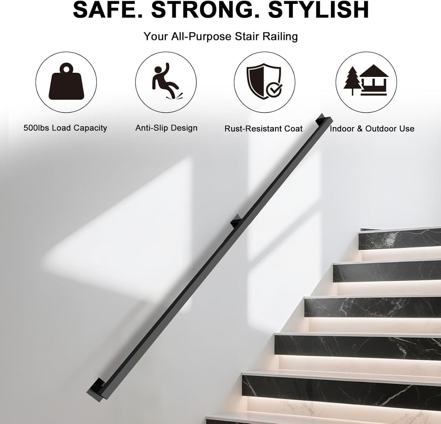 3FT Stair Railing Indoor, Black Metal Wall Mounted Handrail for Stairs, 500lbs Load Capacity Industrial Pipe Hand Rails for Indoor Stairs/Outdoor Use/Home/Loft/Porch/Deck, Rust-Resistant (Iron 3FT)