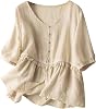 2024 Summer Women Cotton Linen Button Shirts Half Sleeve V Neck Lightweight Solid Tee Tops Loose Flowy Comfy Blouses