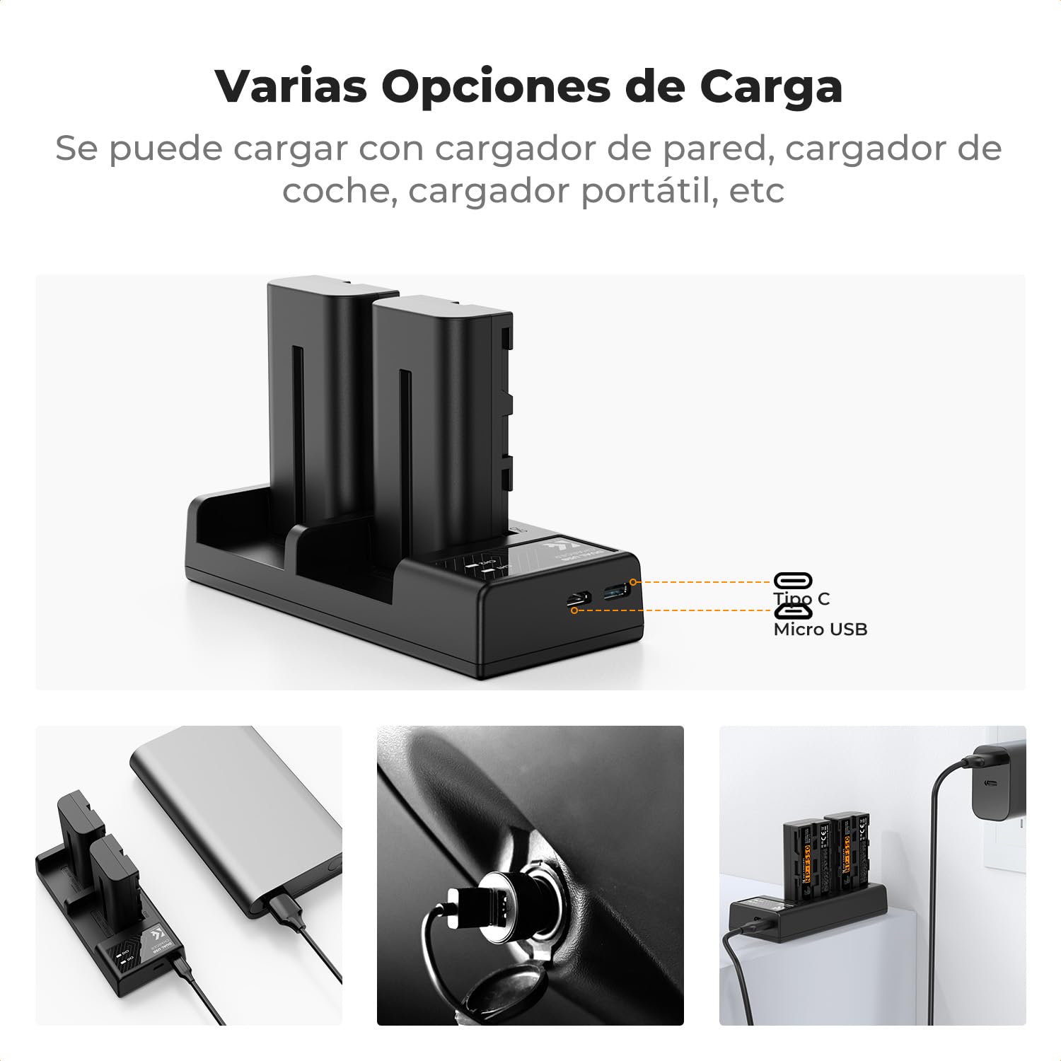 K&F CONCEPT NP-F550 Kit Cargador de Batería LED 2600mAh Compatible con Sony NP-F550 F570 F750 F770 F930 F950 F970 para Luces LED/Monitor/Cursor de Cámara
