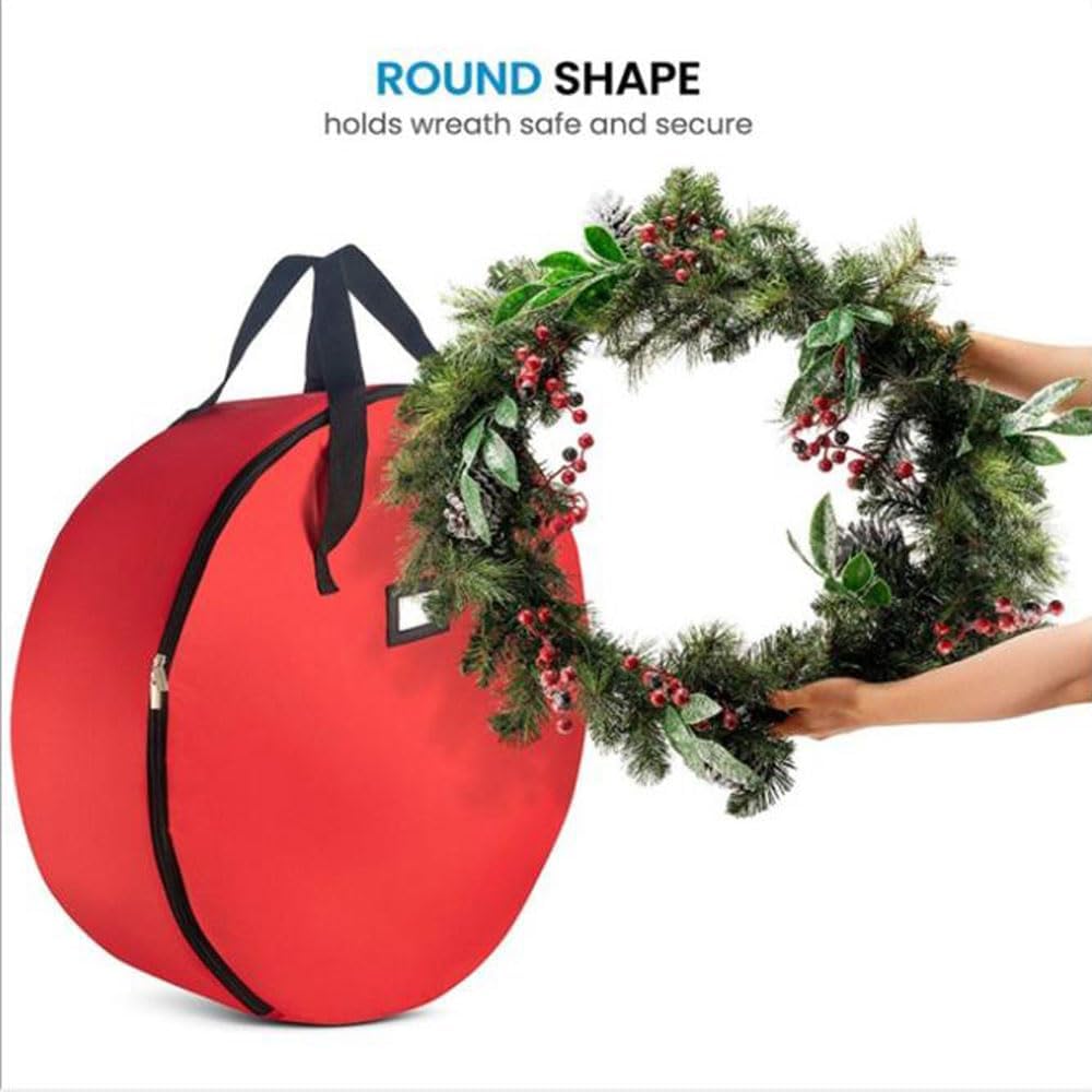 JUOPZKENN Christmas Wreath Storage Container,Holiday Wreaths Storage Holder,Durable Waterproof Material to Protect Against Dust,Decorative Wreath Storage Bag with Sturdy Handles and Dual Zipper (Red)